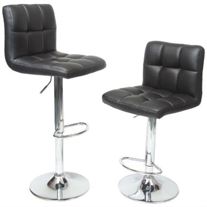 Hivvago Set of 2 - Adjustable Height Bar Stool with Black Faux Leather Cushion Seat