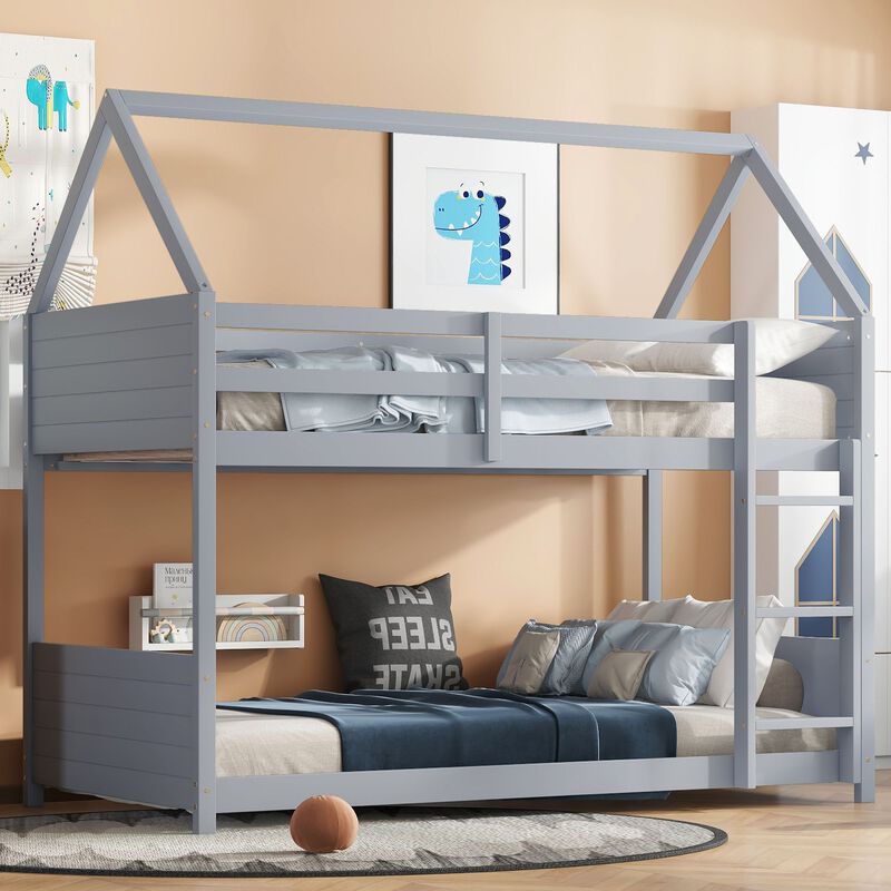 Whisen Twin Over Twin House Floor Bunk Bed with Headboards, Footboards, Guardrails and Ladder