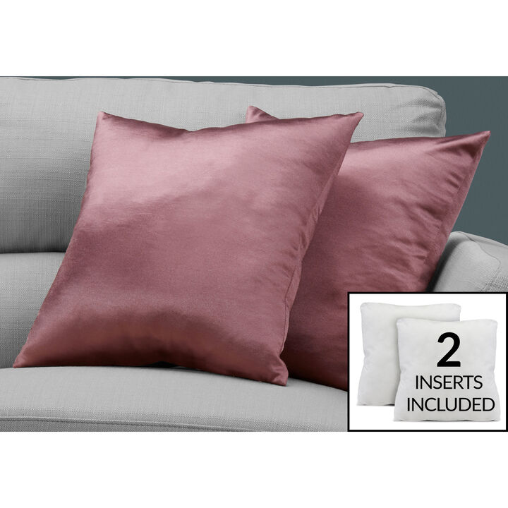 Monarch Specialties I 9339 Pillows, Set Of 2, 18 X 18 Square, Insert Included, Decorative Throw, Accent, Sofa, Couch, Bedroom, Polyester, Hypoallergenic, Pink, Modern
