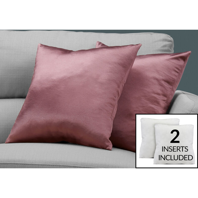 Monarch Specialties I 9339 Pillows, Set Of 2, 18 X 18 Square, Insert Included, Decorative Throw, Accent, Sofa, Couch, Bedroom, Polyester, Hypoallergenic, Pink, Modern