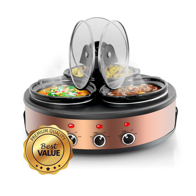 MegaChef Round Triple 1.5 Quart Slow Cooker and Buffet Server in Brushed Copper and Black Finish with 3 Ceramic Cooking Pots and Removable Lid Rests image number 1