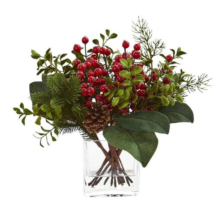 Nearly Natural 12-in Berry, Pine and Boxwood Artificial Arrangement