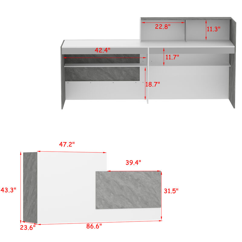 FUFU&GAGA Modern Reception Desk with Storage Shelves (86.6" L x 43.3" H x 23.6" D),White and Grey
