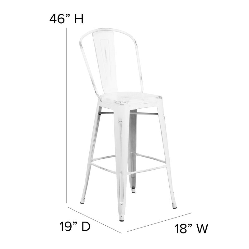Flash Furniture Commercial Grade 30" High Distressed White Metal Indoor-Outdoor Barstool with Back