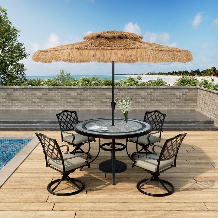 Mondawe 9 ft Hawaiian Style Crank Design 2 Tier Straw Patio Umbrella Shade with Round Based