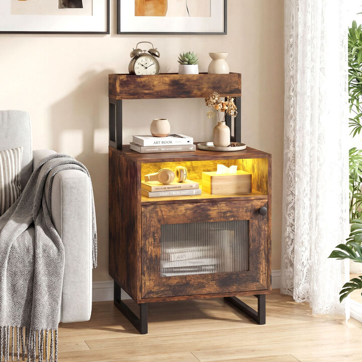 Modern End Table with LED Lights, Open Compartment and Storage Cabinet