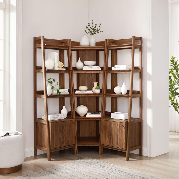 Modway Bixby 3-Piece Corner Bookshelf Set with Narrow Bookshelves in Walnut &ndash; 12-Tier Wood Bookcases with Open Shelves for Living Room, Bedroom, Or Home Office