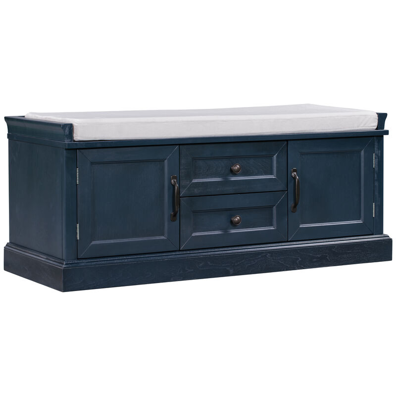 Storage Bench with 2 Drawers and 2 Cabinets, Shoe Bench with Removable Cushion for Living Room, Entryway (Antique Navy)