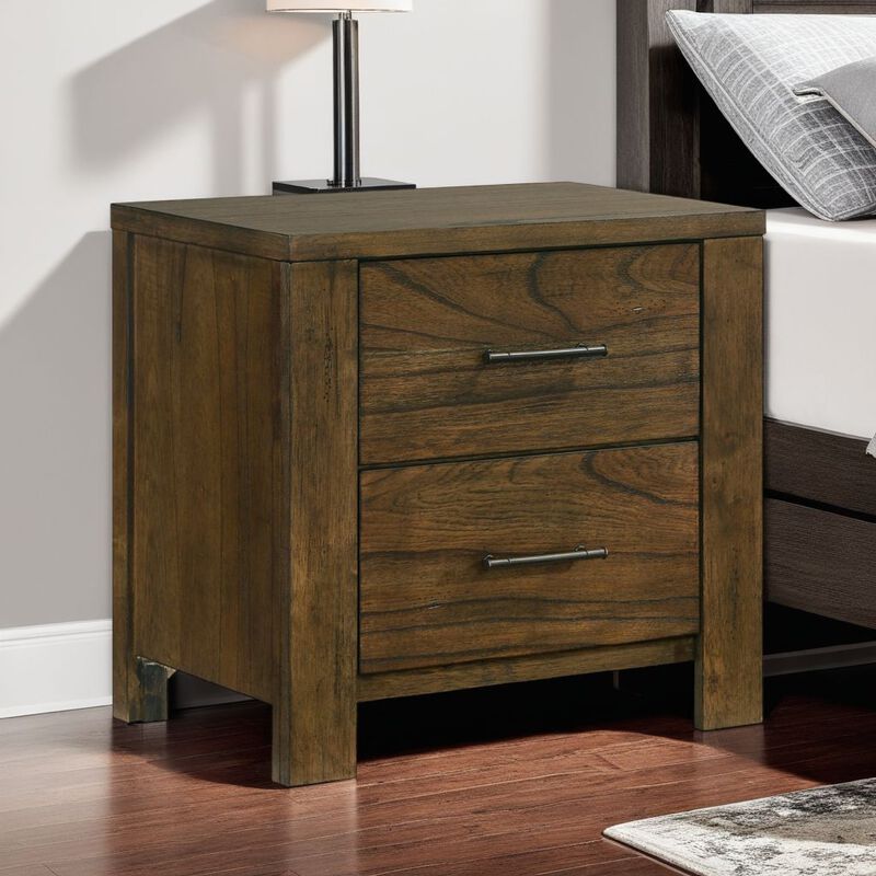 Suli Nightstand, 2 Drawers Metal Handles, Brown Mindy Veneer, 26 Inch - Benzara
