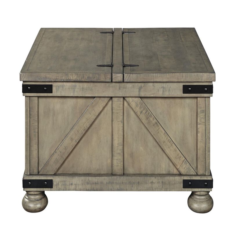 Farmhouse Cocktail Table with Lift Top Storage and Crossbuck details, Gray-Benzara