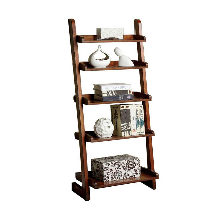 Transitional Style 5 Tier Wooden Ladder Shelf with Sled Base, Brown - Benzara