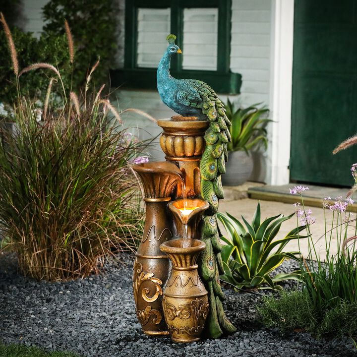 LuxenHome Resin Pedestal Peacock and Urns Outdoor Fountain