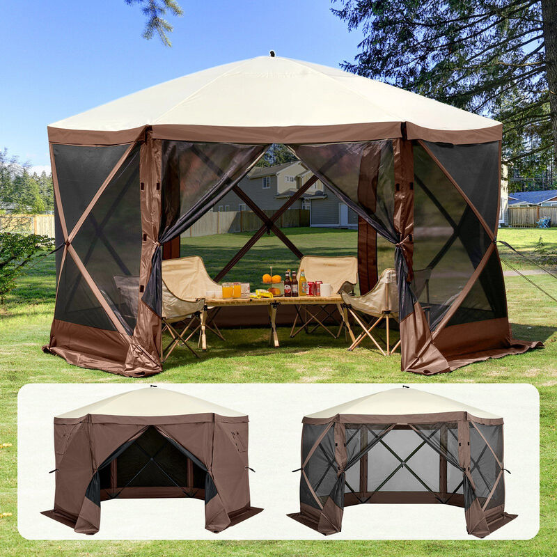Portable 6-Sided Screen Canopy Tent with Privacy Panels, Mesh Windows & Quick Setup Design-Brown image number 1