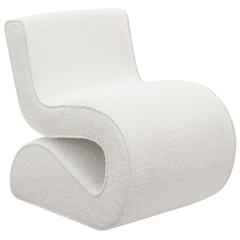 Zea Unique Accent Chair, Modern Curved, White Boucle Upholstery, Metal