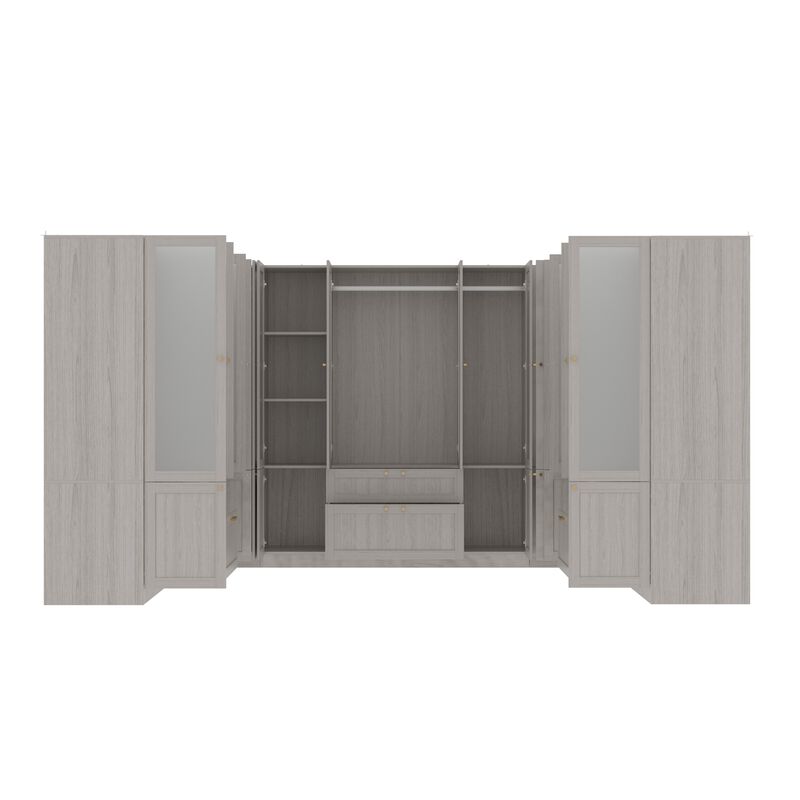 FUFU&GAGA Modular Wardrobe Closet System with Frosted Glass Doors, Gold Handles, Hanging Rods & Drawers,(133.4" W x 98.4" D x 70.9" H),White