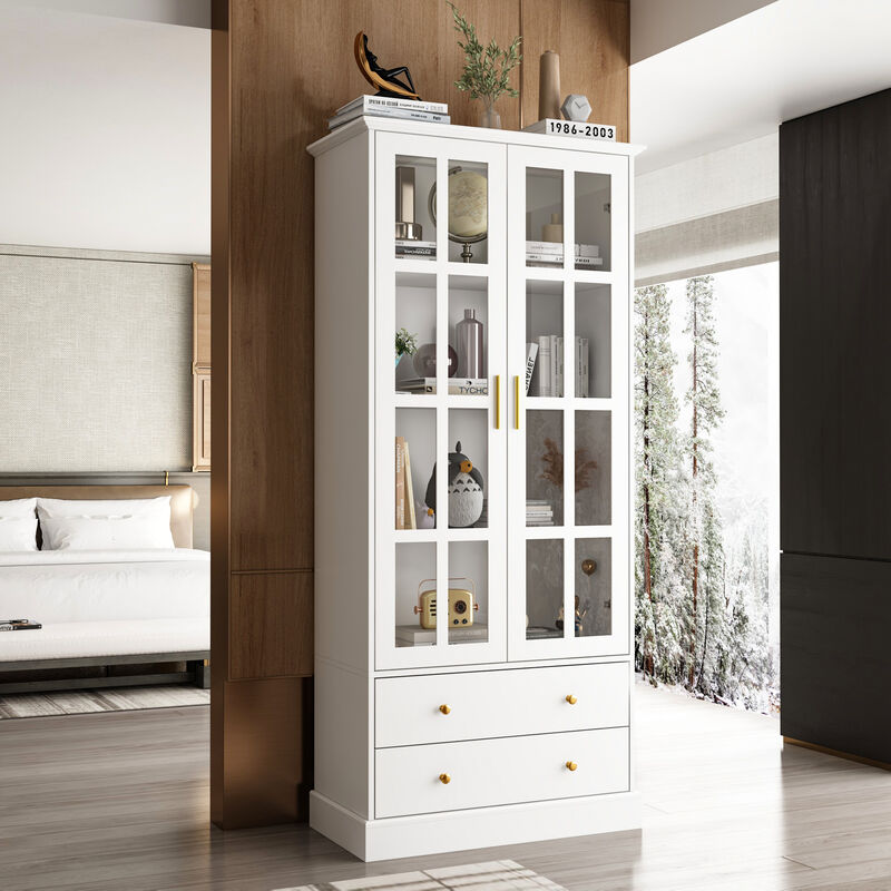 FUFU&GAGA Modern Bookcase with Glass Doors, 3 Fixed Shelves, and Spacious Drawers, Elegant Storage Cabinet for Living Room, Office, and Bedroom (70.1"H x 31.5"W x 15.4"D)