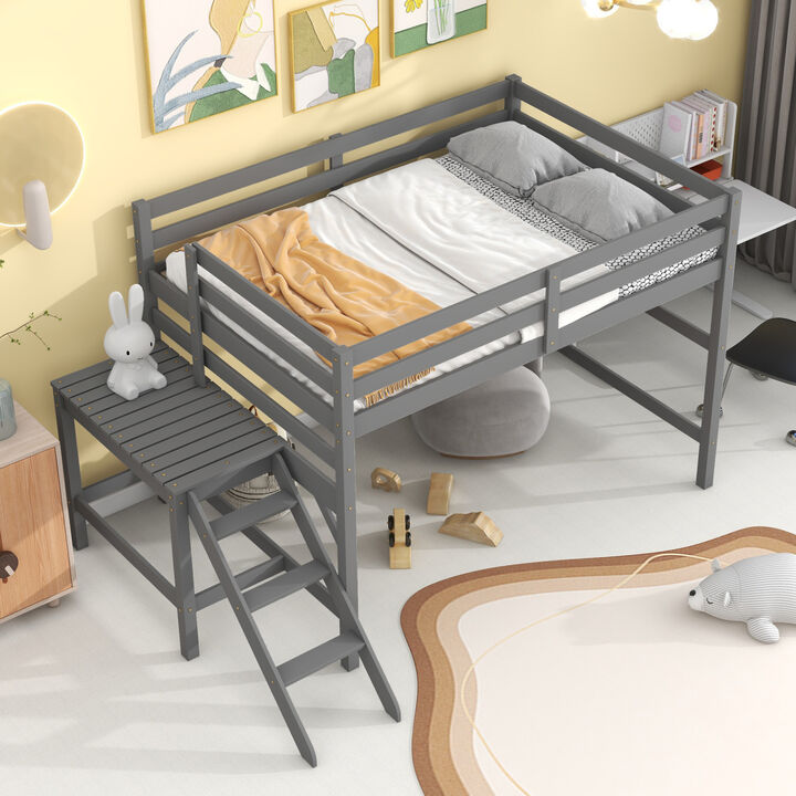 Full Loft Bed with Platform, ladder, Gray