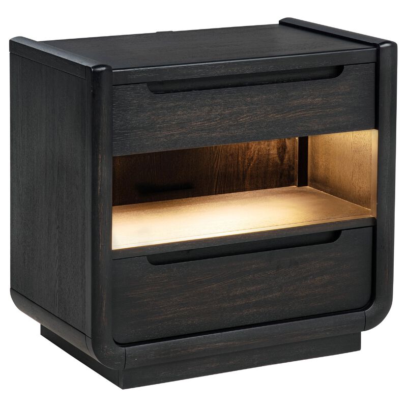 Lina Nightstand with 2 Drawers, LED Light, Dual USB Port, Black Wood image number 0