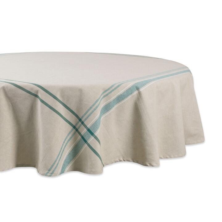 White and Teal French Striped Chambray Round Tablecloth 70"