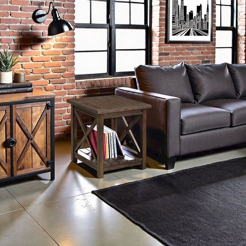 FurniFact Rustic Farmhouse End Table in Walnut &ndash; Solid Wood Square Accent Table image number 2