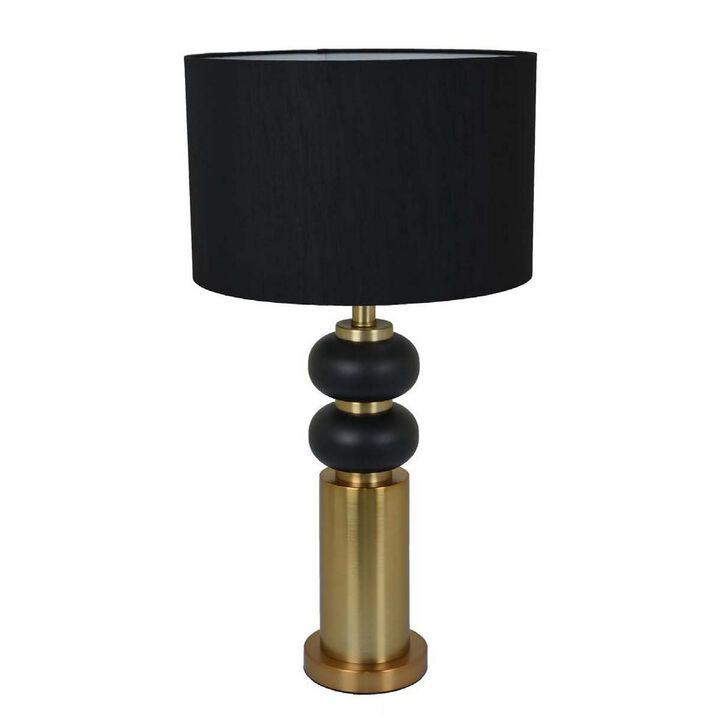 28 Inch Table Lamp, Black Drum Shade, Classic Gold Turned Body Design - Benzara