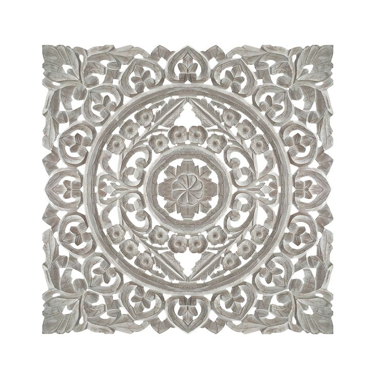 Distressed Square Shape Wooden Wall Panel with Traditional Carvings, White-Benzara
