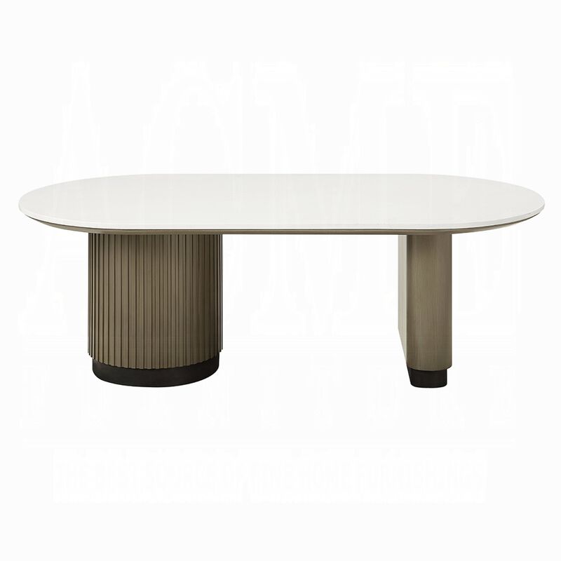 Jeh Coffee Table, 55 Inch White Oval Top, Dual Pedestal Base, Oak Brown image number 2