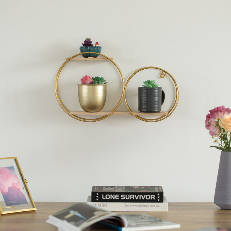 Tiered Decorative Modern Round Accent Floating Shelf Circle Decor Display Wall Mounted Shelf with Metal Frame and Pine Wood Shelves, Gold