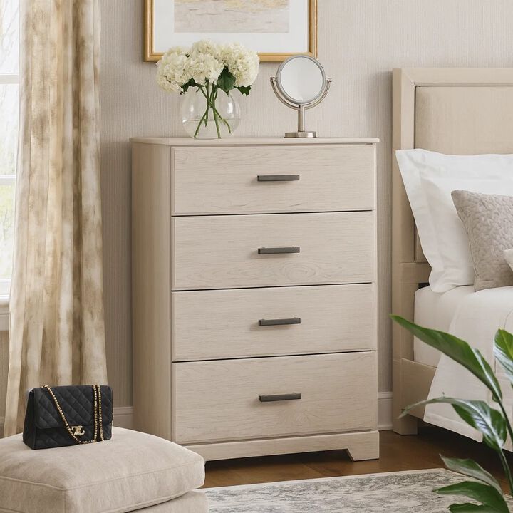 Tely Tall Dresser Chest, 4 Drawers, Modern Farmhouse Laminate White