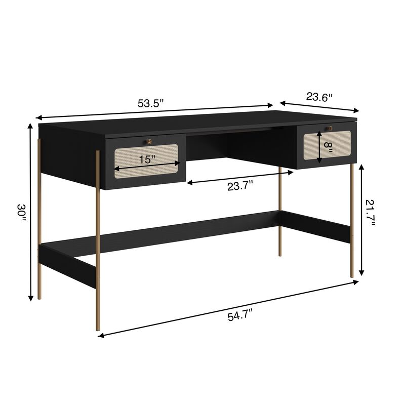 Boho Desk Iron Gold Legs and Rattan 2-Drawers