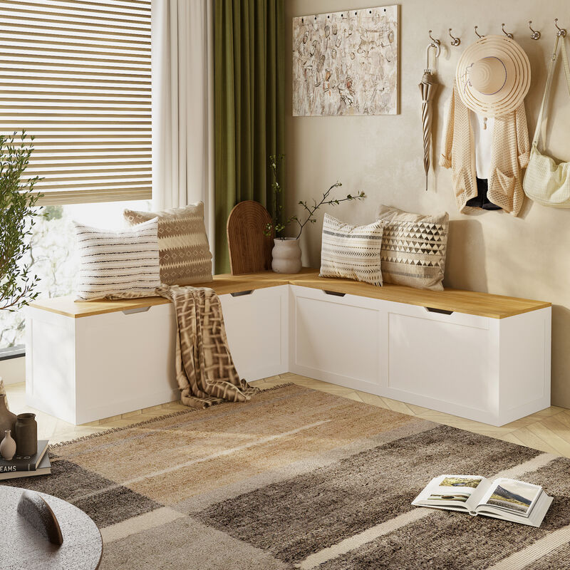 FUFU&GAGA Modern White Storage Bench with Large Capacity, MDF with Wood Grain Top (63" W x 17.7" H x 63" D), White And Brown