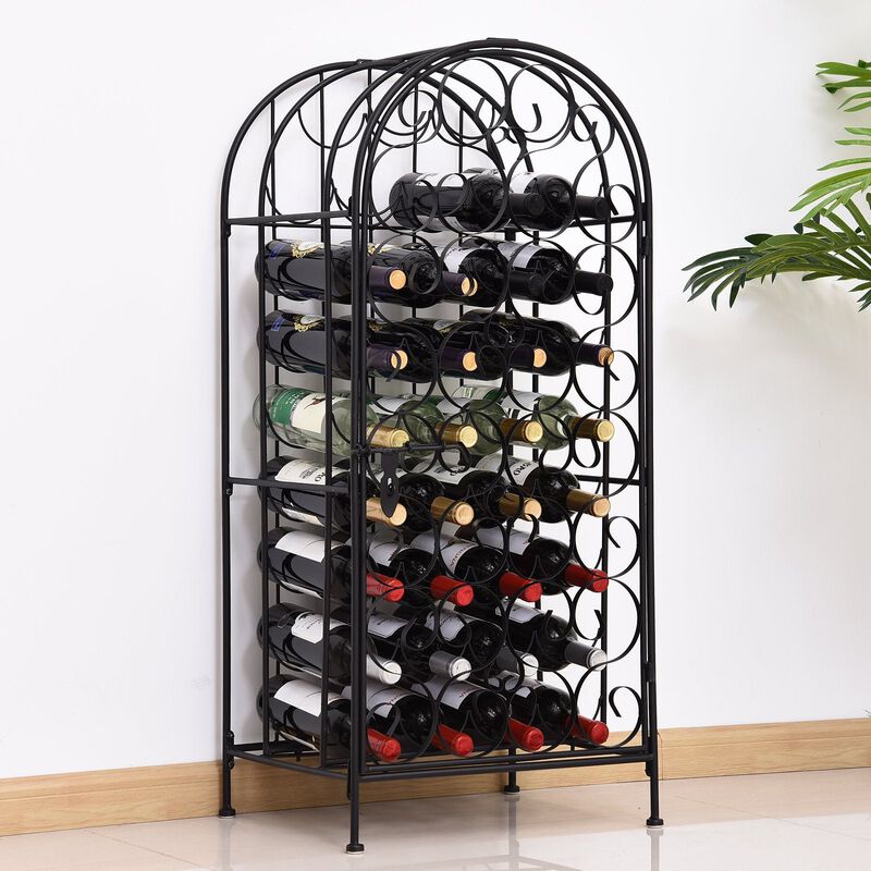 35 Bottle Wrought Iron Wine Rack Jail Metal Wine Rack with Lock, Black