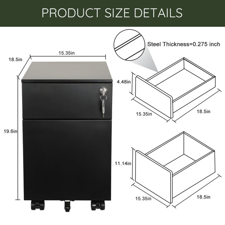2 Drawer Mobile File Cabinet with Lock Metal Filing Cabinet for Legal/Letter/A4/F4 Size, Fully Assembled Include Wheels, Home/Office Design, BLACK