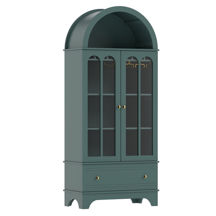 Modern Arched Cabinet with Tempered Glass Doors and Built In Wine Rack