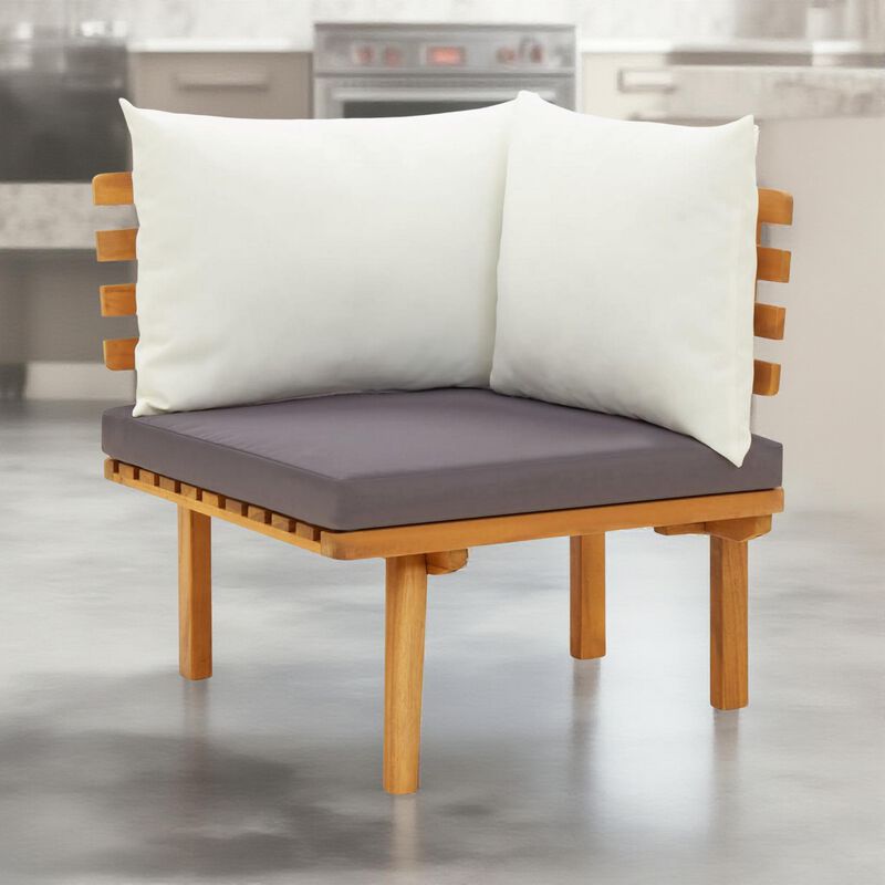 Roma Outdoor Modular Corner Chair, White Fabric, Solid Acacia Wood - Benzara