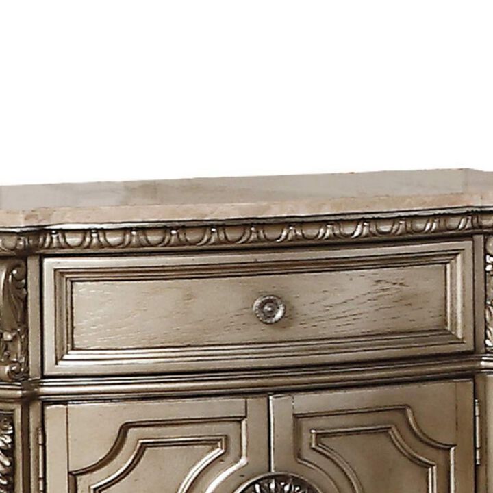 Marble Top Nightstand With One Drawer And Two Door Shelf, Antique Champagne-Benzara