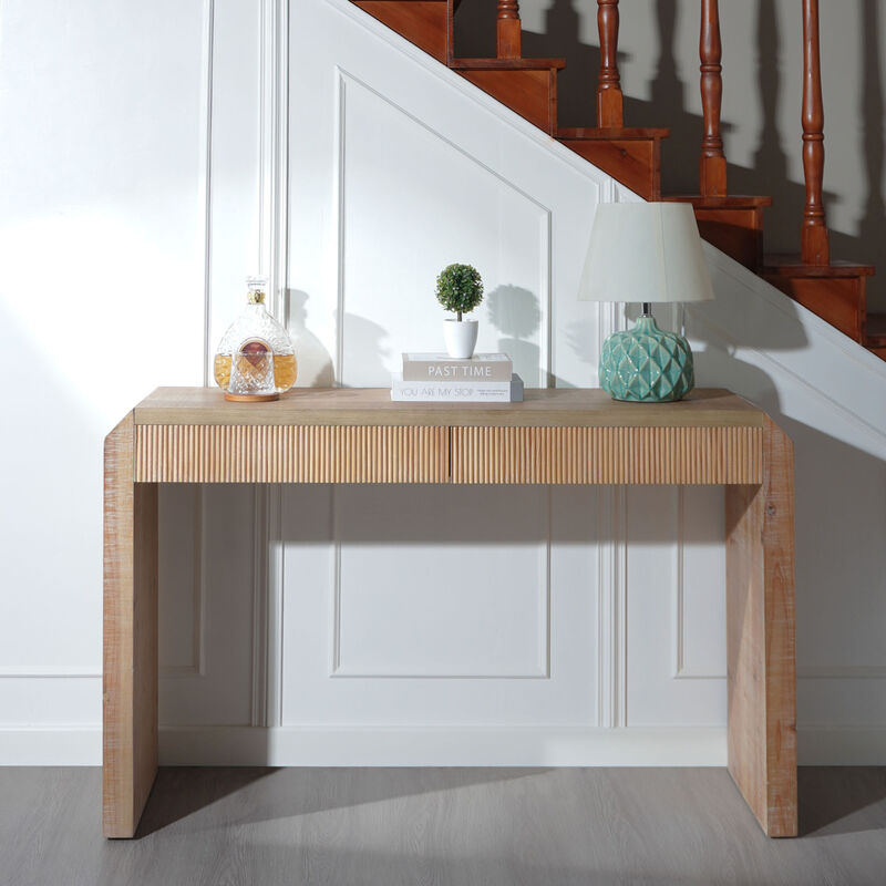 GOODSILO Rustic Wooden Console Table with Drawer Minimalist Design Ribbed Texture Natural Finish image number 4
