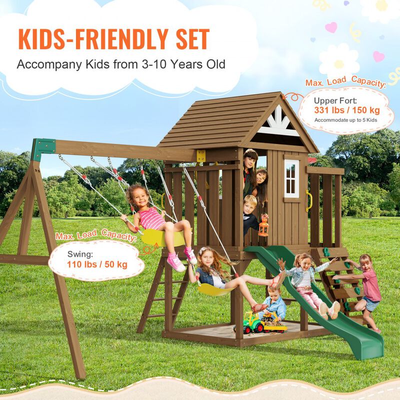 Backyard Wooden Swing Set with Slide and Upper Play Fort for Kids