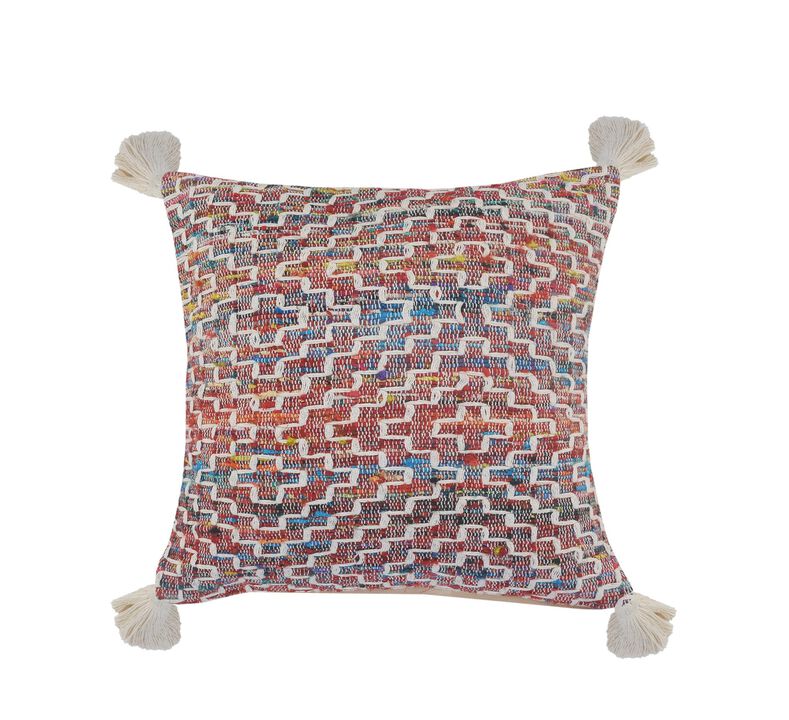 HomeRoots 20" Red Blue And Natural Geometric Polyester Blend Throw Pillow Cover with Tassels