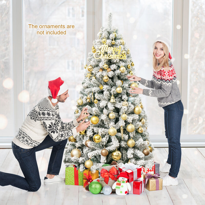 Artificial Snow Decorated Flocked Hinged Christmas Tree with Metal Stand