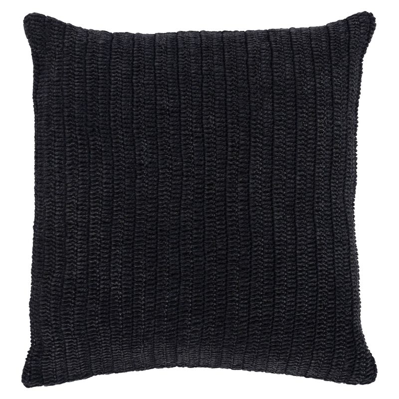 Rosie 22 Inch Square Accent Throw Pillow, Hand Knitted Designs, Black Linen-Benzara