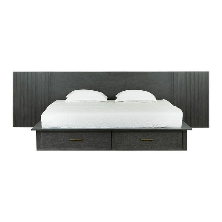 Cid Lime Queen Platform Bed, 2 Drawers, Wall Headboard, Dark Gray Finish - Benzara