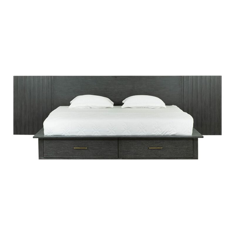 Cid Lime Queen Platform Bed, 2 Drawers, Wall Headboard, Dark Gray Finish - Benzara image number 0