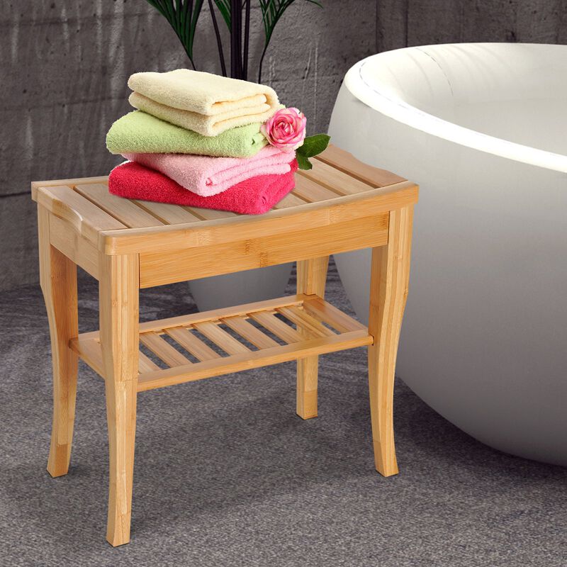 Natural Spa Seat: 20" 2-Tier Bamboo Shower Bench & Organizer