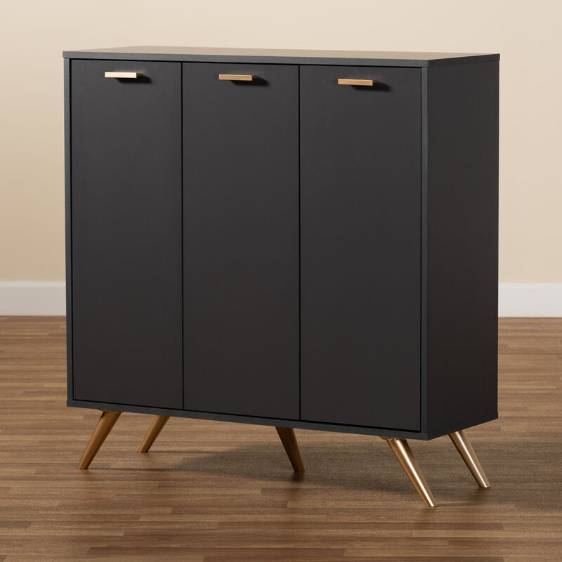 Baxton Studio Kelson Modern Dark Grey and Gold Finished Wood 3 Door Shoe Cabinet