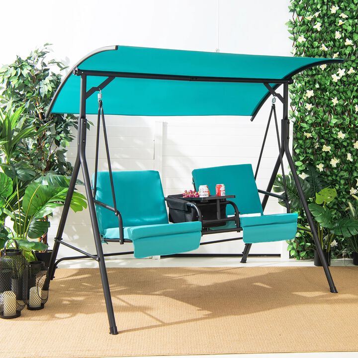 Mondawe 2-Person Canopy Metal Porch Swing Padded Chair with Cooler Bag Rotatable Tray