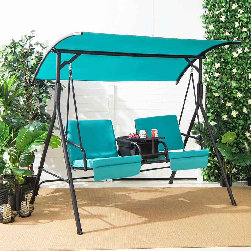 Mondawe 2-Person Canopy Metal Porch Swing Padded Chair with Cooler Bag Rotatable Tray