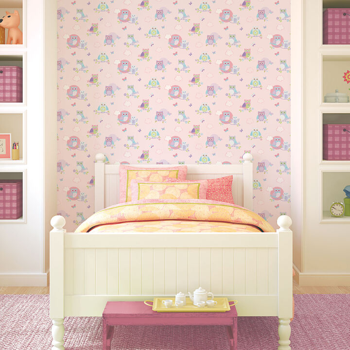 Just 4 Kids 2 Colourful Owls Pink Wallpaper G56036