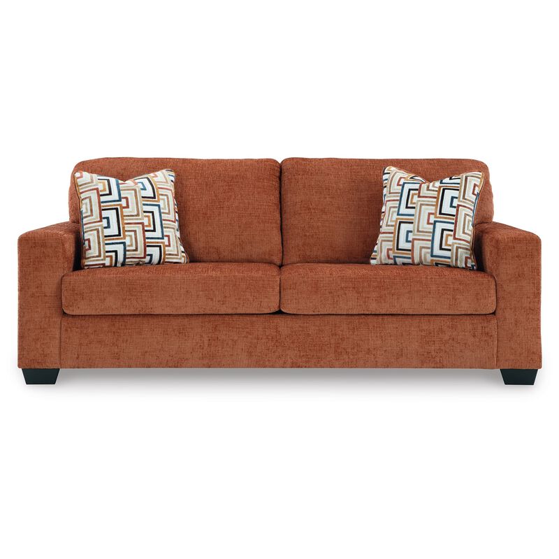 Avie Sofa, 2 Accent Pillows, 85 Inch, Soft Burnt Orange Polyester