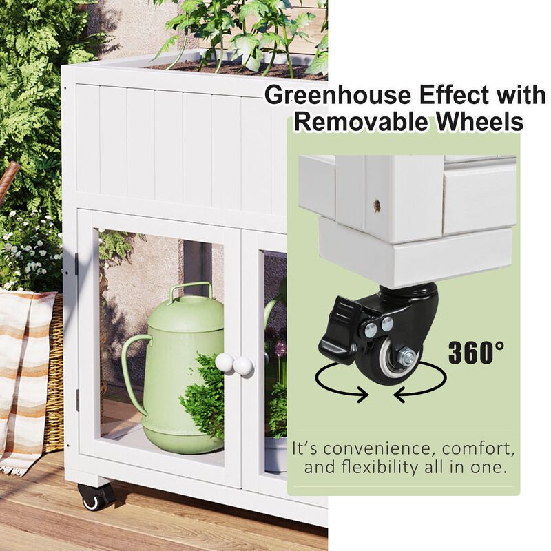 Wood Cold Frame with Raised Garden Bed & Wheels, 2-Door Greenhouse for Indoor/Outdoor Use